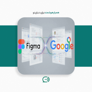 تصویری از ادغام برندهای Figma و Google با لوگوهایشان، نمایشدهنده ارتباط بین صفحات وب و ابزارهای طراحی، با پسزمینهای سبز و متنی به زبان فارسی در بالا.