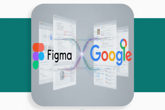 تصویری از ادغام برندهای Figma و Google با لوگوهایشان، نمایش‌دهنده ارتباط بین صفحات وب و ابزارهای طراحی، با پس‌زمینه‌ای سبز و متنی به زبان فارسی در بالا.